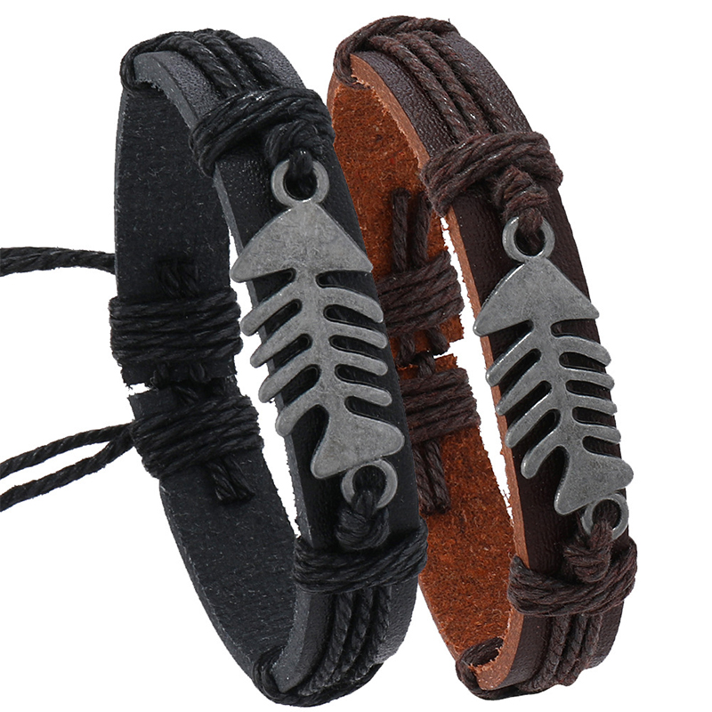 Men Accessories Pk - Trendy Retro Lederen Geweven Visgraat Armband